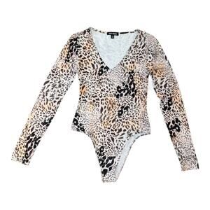 Steve Madden Women's Leopard Print V-Neck‎ Long Sleeve Bodysuit Small NWT
